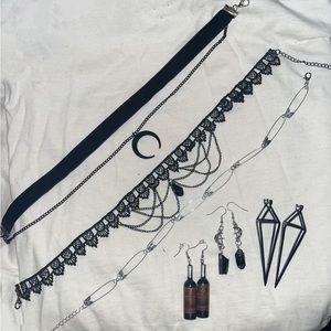 Witchy Halloween necklace & earrings lot with moons, lace, wine bottles